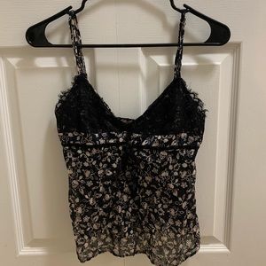 Dark blue tank top with pink flowers, with lace